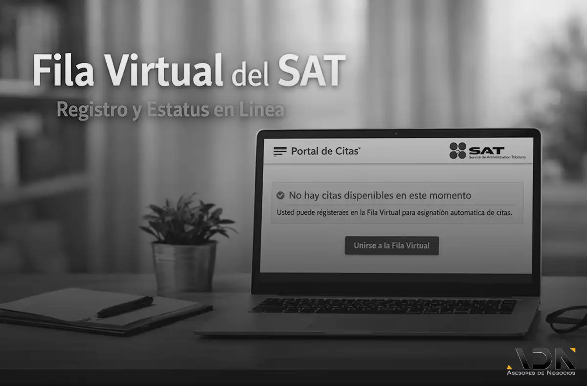 Pantalla del portal del SAT mostrando la fila virtual para consultar estatus y disponibilidad de citas