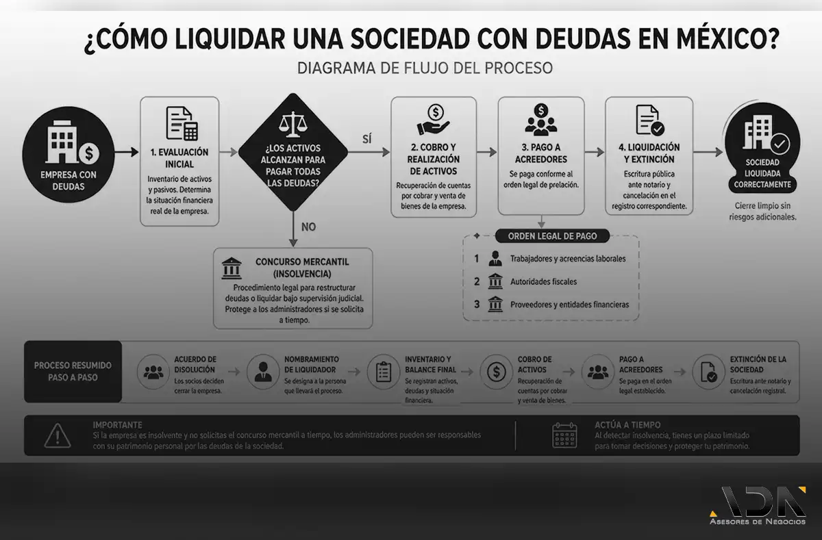 Proceso para liquidar una sociedad con deudas y decidir entre liquidación o concurso mercantil en México